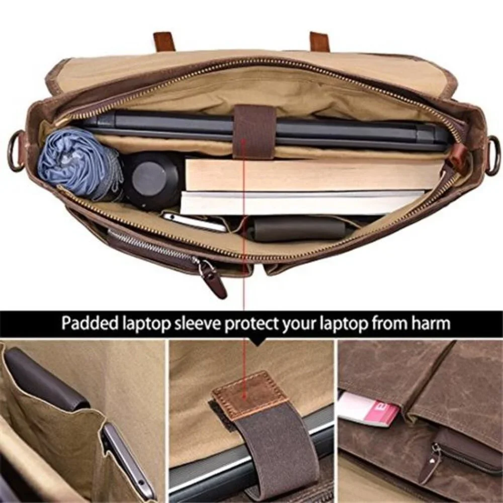 Mens Messenger Bag 15.6 Inch Waterproof Vintage Genuine Leather Waxed Canvas